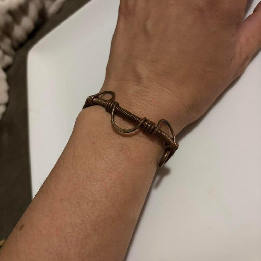 Handmade Copper Wire Cuff Bracelet Boho Artisan Wrapped Adjustable Brown Gold